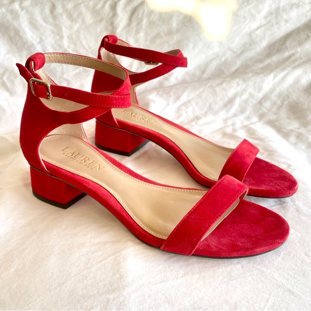 Lauren by Ralph Lauren red suede low block heel sandals 6.5